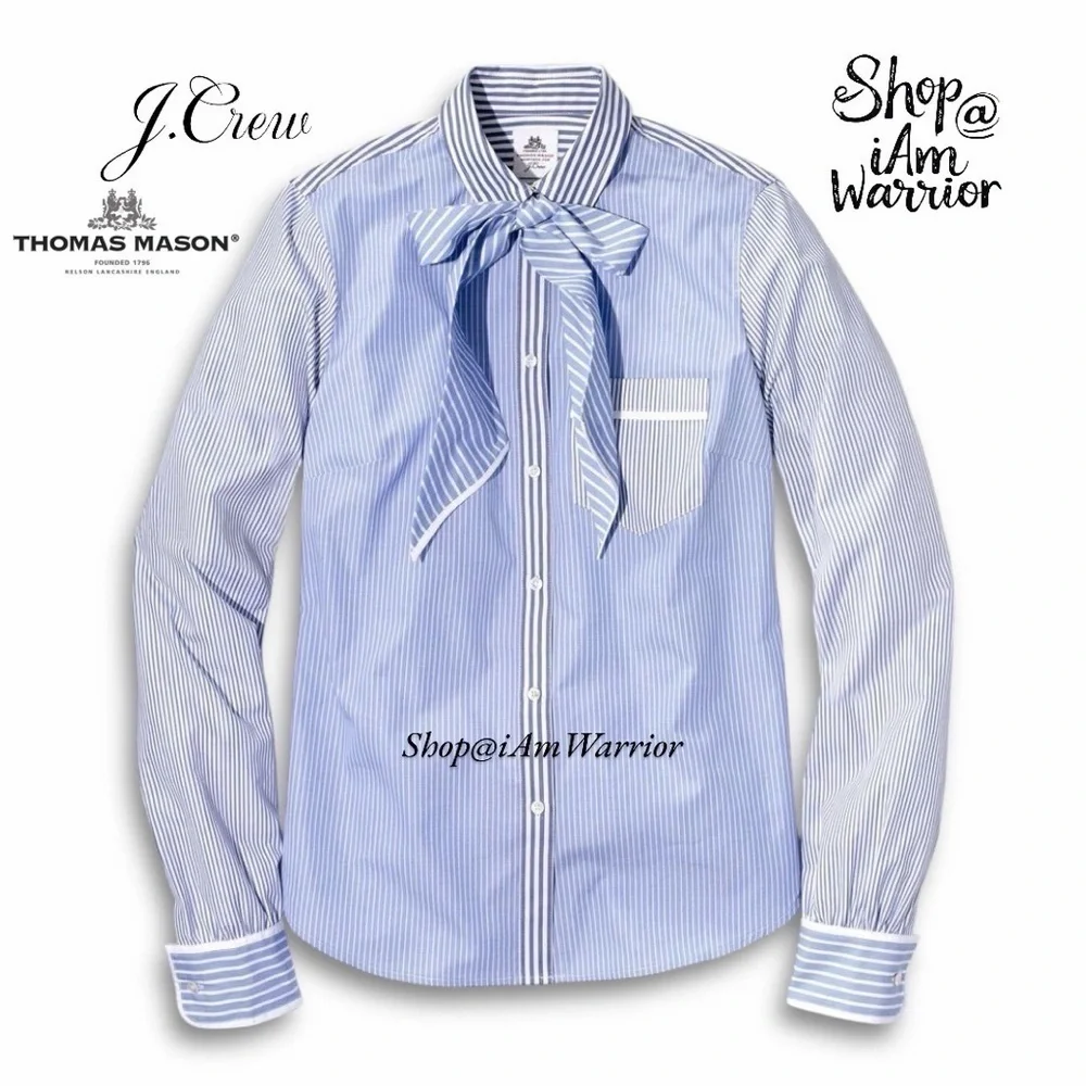 J.Crew Rare Thomas Mason Blue Stripe Tie-Neck Italian Cotton Button Down Shirt